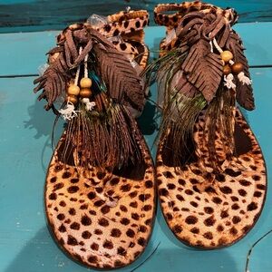 Leopard Print Sandals with Fringe and Beads and Feathers